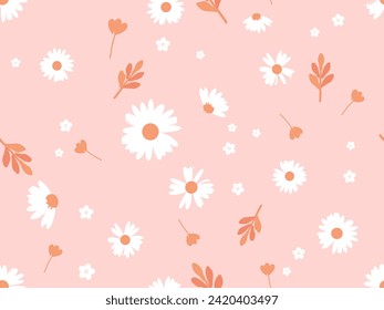 Seamless pattern with daisy flower and orange plant on pink background vector illustration.