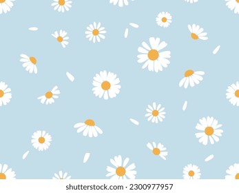 Seamless pattern with daisy flower and petals on blue background vector illustration.   