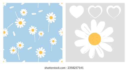 Seamless pattern with daisy flower and petals on blue background. Daisy and heart icon sign on grey background vector illustration. 