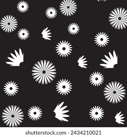 Seamless pattern with daisy flower, petals and branch on green background vector file illustration.