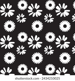 Seamless pattern with daisy flower, petals and branch on green background vector file illustration.