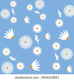 Seamless pattern with daisy flower, petals and branch on sky background vector file illustration.
