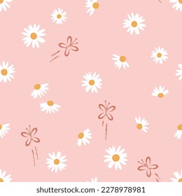 Seamless pattern with daisy flower and pink gold butterfly cartoons on pink background vector illustration. Cute floral print.