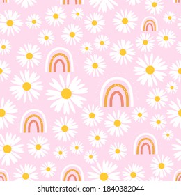 Seamless Pattern With Daisy Flower And Rainbow On Pink Background Vector Illustration.