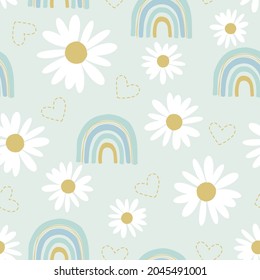 Flor de margarita, arcoiris y corazón en un fondo verde pastel de ilustración vectorial.