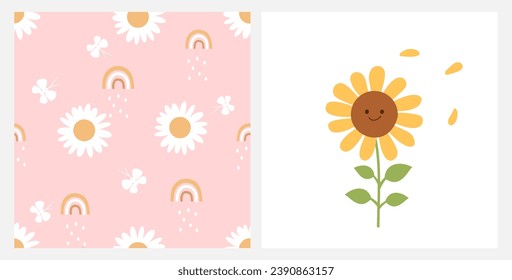 Seamless pattern with daisy flower, rainbow and butterfly cartoon on pink background. Sunflower cartoon isolated on white background vector.