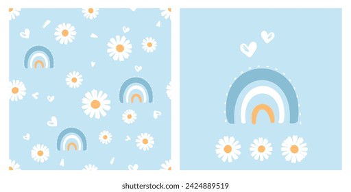 Seamless pattern with daisy flower, rainbow and hand drawn hearts on blue background. Rainbow and daisy icon set vector.