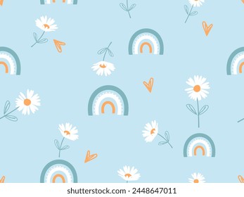 Seamless pattern with daisy flower, rainbow and hand drawn heart on blue background vector. Cute childish print.