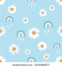 Seamless pattern with daisy flower and rainbow on blue sky background vector.