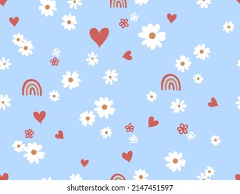 Patrón sin foco con flor de margarita, arcos y corazones dibujados a mano en la ilustración vectorial de fondo azul. 