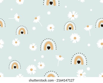 Seamless pattern with daisy flower and rainbows on green mint background vector illustration. Cute childish print.