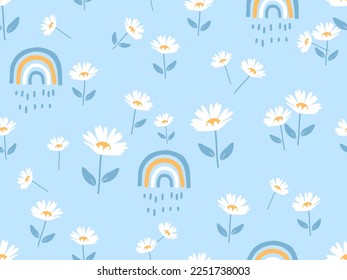 Nahtloses Muster mit dunkler Blume und Regenbogen auf blauem Hintergrund, Vektorgrafik. Frische Blumenmuster.