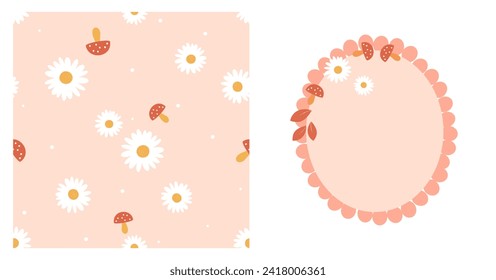 Seamless pattern with daisy flower and red mushroom on orange background vector illustration. Oval shape sign isolated on white background.