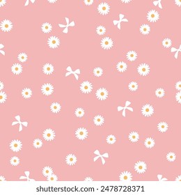 Seamless pattern with daisy flower and ribbon bow on pink background vector.