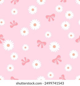 Seamless pattern with daisy flower and ribbon bow on pink background vector.
