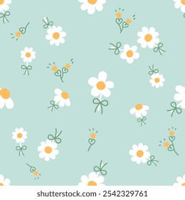 Padrão contínuo de flor de margarida com arcos de fita no vetor de fundo verde. 