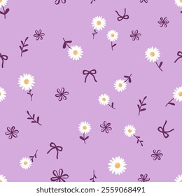 Seamless pattern with daisy flower, ribbon bows and branch on purple background vector.