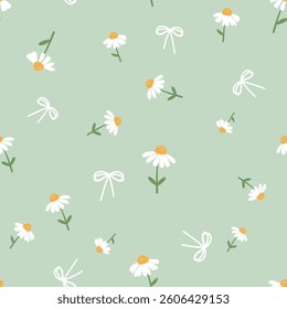 Seamless pattern with daisy flower and ribbon bows on green background vector.