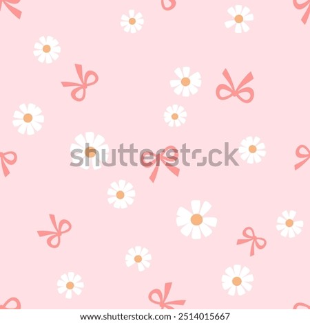 Seamless pattern with daisy flower and ribbon bow on pink background vector.