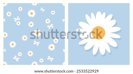 Seamless pattern with daisy flower and ribbon bow on blue background. daisy flower icon sign vector. 