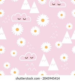 Seamless pattern with daisy flower, sleeping cloud cartoons, and hills on pink background vector illustration. Cute childish print.
