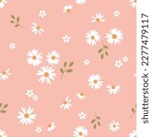 Seamless pattern with daisy flower , small white flower and green leaves on pink orange background vector illustration. Cute floral print.