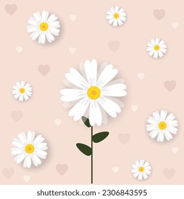 Seamless pattern with daisy flower , small white flower and 
heart on pink background vector illustration. Cute floral print.