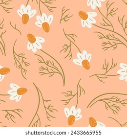 Seamless pattern with daisy flower, small white flower and green leaves. Cute floral pastoral print. Boho, rustic style. For wallpaper, fabric, wrapping, background