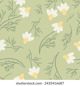 Seamless pattern with daisy flower, small white flower and green leaves. Cute floral pastoral print. Boho, rustic style. For wallpaper, fabric, wrapping, background