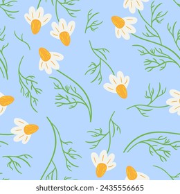 Seamless pattern with daisy flower, small white flower and green leaves. Cute floral pastoral print. Boho, rustic style. For wallpaper, fabric, wrapping, background