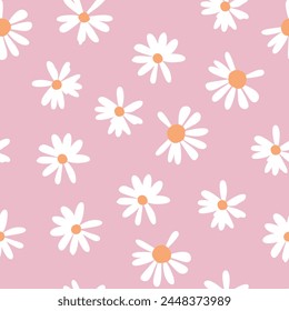 Seamless pattern with daisy flower , small white flower and green leaves on pink orange background vector illustration. Cute floral print.