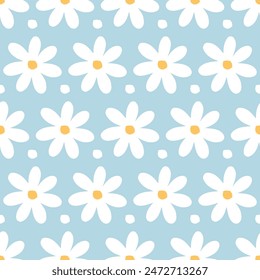 Seamless pattern with daisy flower and small white spots . Cute floral print repeating background. Flat vector illustration isolated on blue 