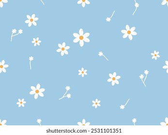 Seamless pattern with daisy flower and small buds on blue background vector.