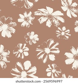 Seamless pattern with daisy flower stamps on brown background. Loose blooms nature grunge wallpaper. Floral inky repeat design.