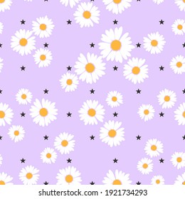 Seamless pattern with daisy flower and stars on purple background vector illustration.