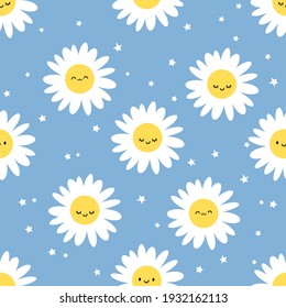 Seamless pattern with daisy flower and stars on blue sky background vector illustration. Cute cartoon character. 