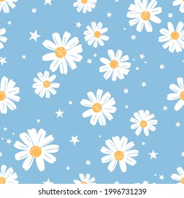 Seamless pattern with daisy flower  and stars on blue sky background vector illustration. Cute childish print.