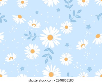 Seamless pattern with daisy flower, stars, tree branch and dots on blue background vector illustration.