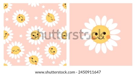 Seamless pattern with daisy flower and stars on pink background. Daisy cartoon vector. Cute childish print. 