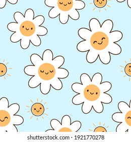 Seamless Pattern With Daisy Flower And Sun On Blue Background Vector Illustration. Cute Cartoon Character.