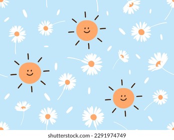 Seamless pattern with daisy flower and sun cartoons on blue sky background vector illustration. Cute childish print.