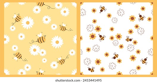 Patrón sin fisuras con la flor de margarita, girasol y abeja dibujos animados en el Vector de fondos amarillos y blancos. 