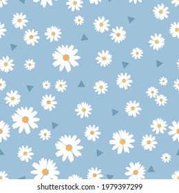 Seamless pattern with daisy flower and triangle shape on blue background vector illustration.