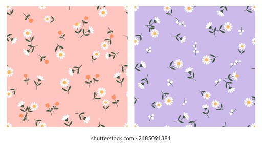 Patrón sin fisuras con flor de margarita, tulipán y lirio del valle sobre fondo rosa y púrpura Vector. Lindo estampado floral.