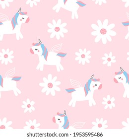 Seamless pattern with daisy flower and unicorn cartoons on pink background vector illustration.