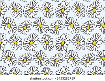 Patrón sin costuras con flor de margarita, Ilustración vectorial. patrón minimalista. Abstractas estampado floral. negro, blanco y amarillo sobre fondo blanco. 