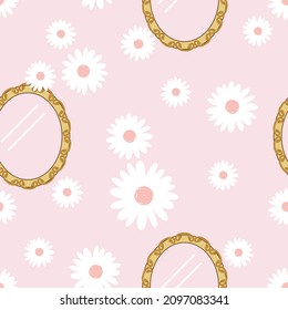 Seamless pattern with daisy flower and vintage mirror on pink background vector illustration.