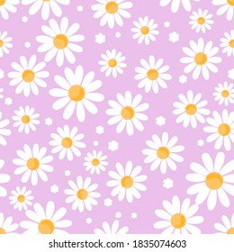 Seamless pattern with daisy flower and white little flower on purple background vector illustration.