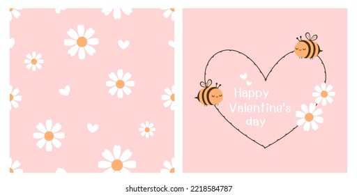 Seamless pattern with daisy flower and white hearts on pink background. Happy Valentine's day card with heart sign and bee cartoons vector illustration.