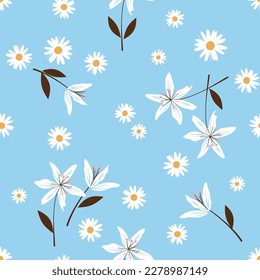 Seamless pattern with daisy flower  and white Lilly on blue background vector illustration. Cute floral print.